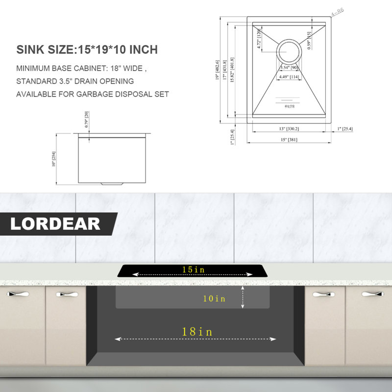Dilsad 19'' L Undermount Single Bowl Stainless Steel Kitchen Sink