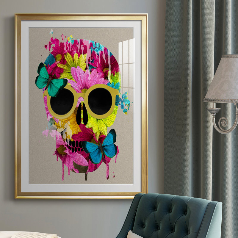 Crâne floral - peinture encadrée, H 26,5 po x l 36,5 po x P 1,5 po, Or