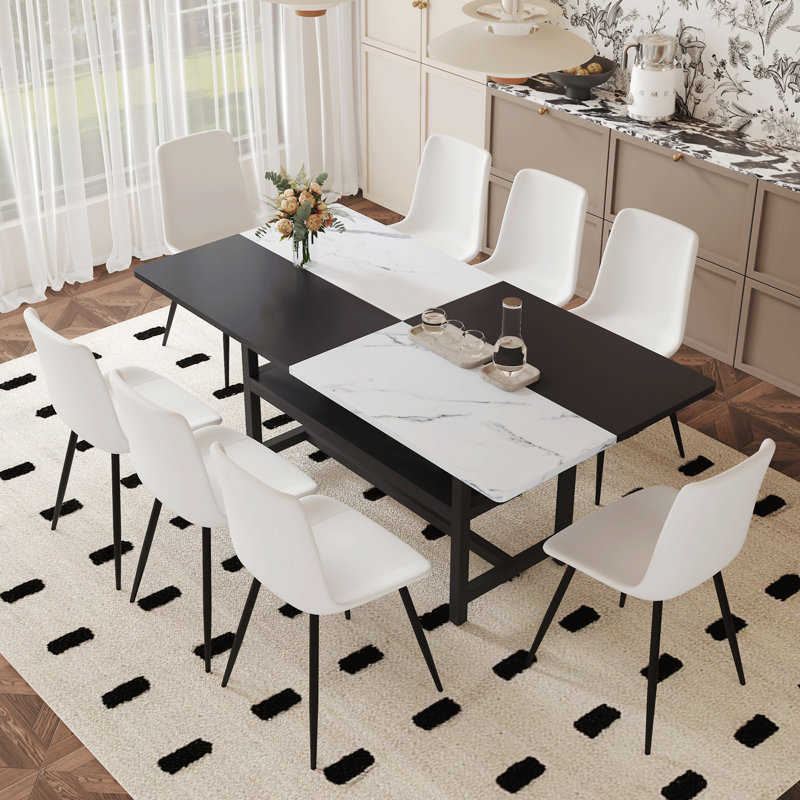 Table And Chair Set.71*35.4 Inch  And  Spliced Dining Table With Storage Function In The Middle Of The Table Legs.Paired With 6  Artificial PU Chairs With Curved Widened Cushion Design.