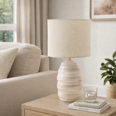 Lena Table Lamp, Ivory Beehive Ceramic Base, Beige Drum Shade, 17 Inch
