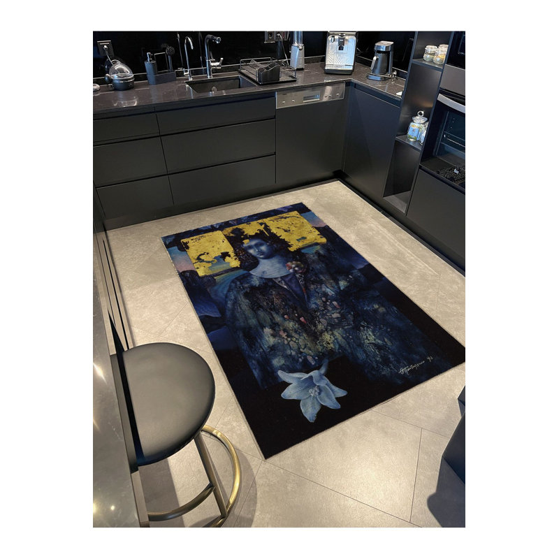 Tapis décoratif lavable à la machine moderne bleu marine et jaune, Sous-tapis rectangulaire 5 pi 1 po x 7 pi 7 po inc