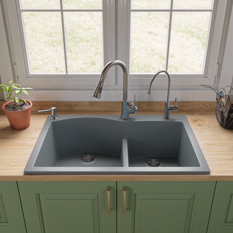 33'' L Double Bowl Granite Kitchen Sink, Titanium