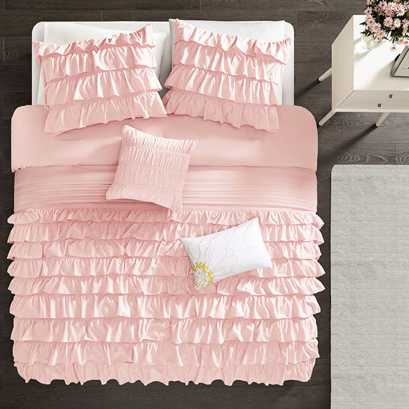 Édredon Blush pour lit simple / simple TG avec volants et coussins, Édredon simple + 4 pièces supplémentaires
