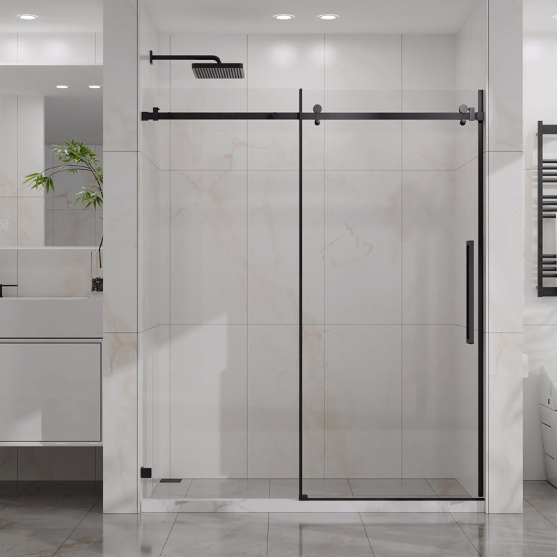 60"W X 72"H Sliding Opening Shower Door  - Frameless Design Sleek Style Shower Door  - 1/4" (6Mm) Thick Clear Tempered Glass With With Easy-Clean Coating Function, Stainless Steel Hardware