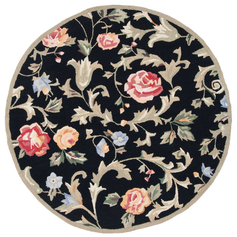 Tapis noir en laine crocheté à la main Hollander, Rond 8 pi