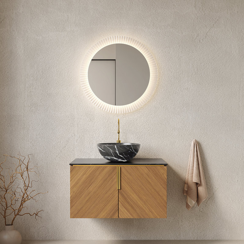 Meuble-lavabo 30 po, armoire de rangement flottante en contreplaqué avec 2 portes, plateau en pierre frittée noire et cuve en céramique noire avec motif de pierre, grain de bois de chêne brun