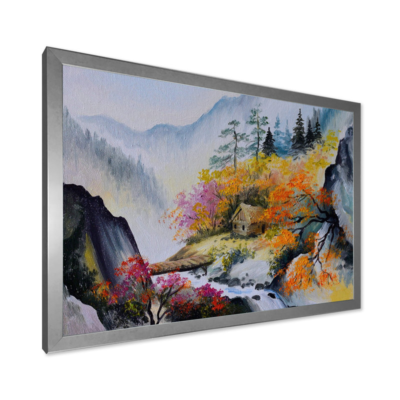 «Little House in Vibrant Mountain Landscape», peinture sur toile, Cadre photo argenté, H 12 po x l 20 po x p 1 po