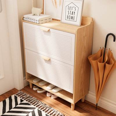 Nordic Inspired 31.5 Inch Freestanding Shoe Rack Cabinet With 2 Flip Doors, White And Natural Color Blend Drawers, Style, Wood Finish, For Entryway Decor