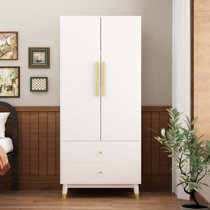 Wardrobe Storage Cabinet, Armoire Closet Organizer with Drawer and Hanging  Rod, White