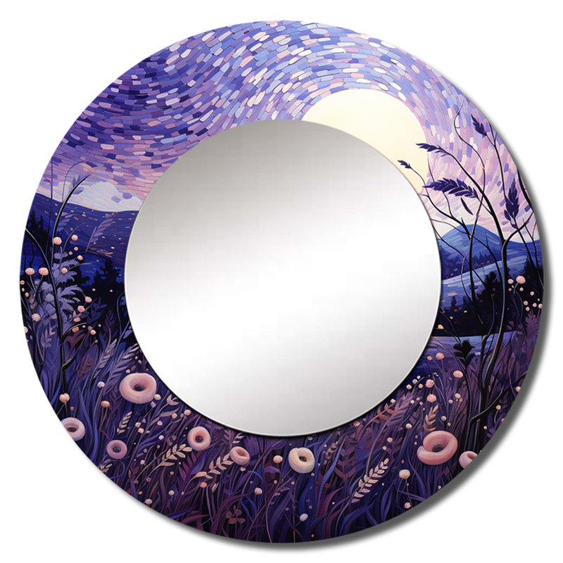 Shanecia lavande enchanteresse lavande pointillisme I - miroir décoratif champs lavande, miroir mural rond mauve, impression d'art en métal