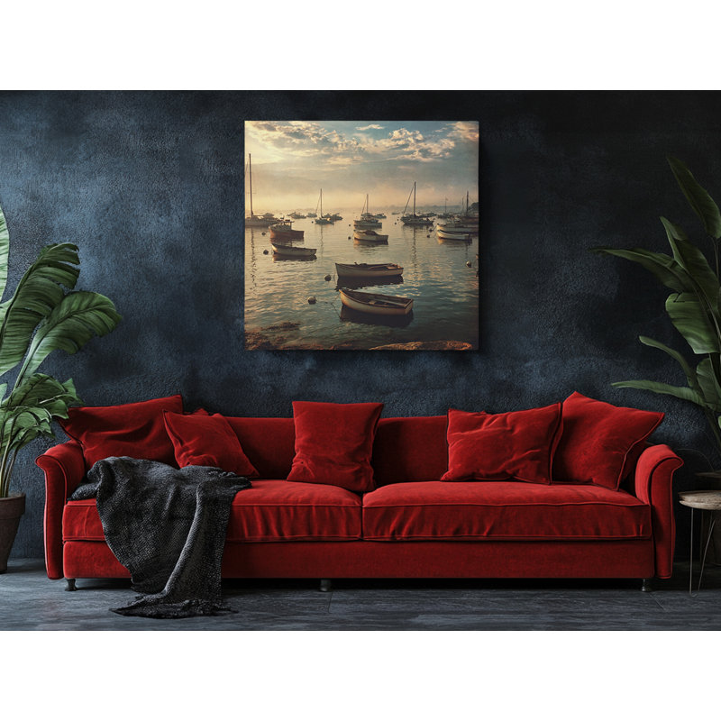 «Nautical Harbor», art mural, impression de scène de bateau côtier rétro, décor de mer bleu et beige, 30 po x 30 po