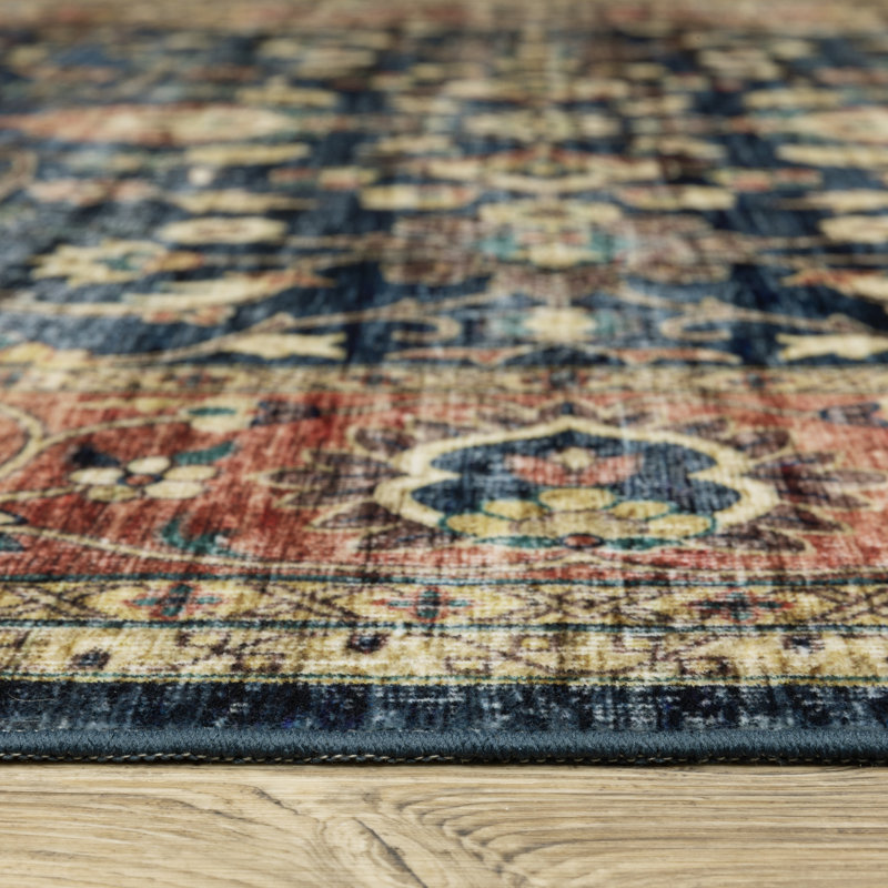 Sebastian Vintage Blue and Rust Washable 5' x 7' Area Rug