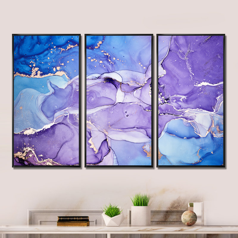 «Blue and Purple Abstract Marble I», reproduction de cadre photo sur toile 3 pièces, Cadre noir, H 32 po x l 48 po x P 1 po