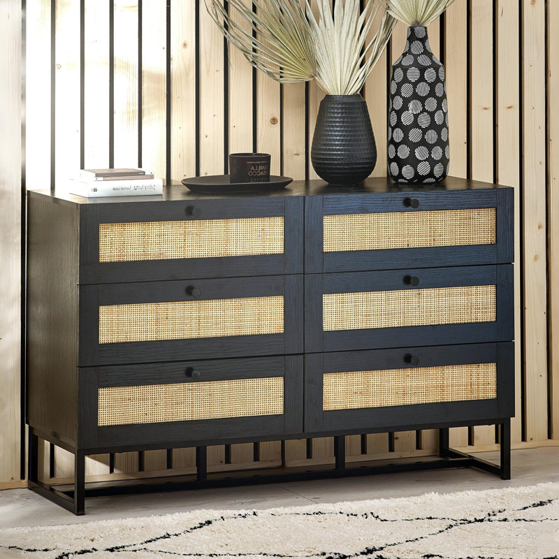 Reese 120cm W 6 - Drawer Chest of Drawers, Black/Rattan