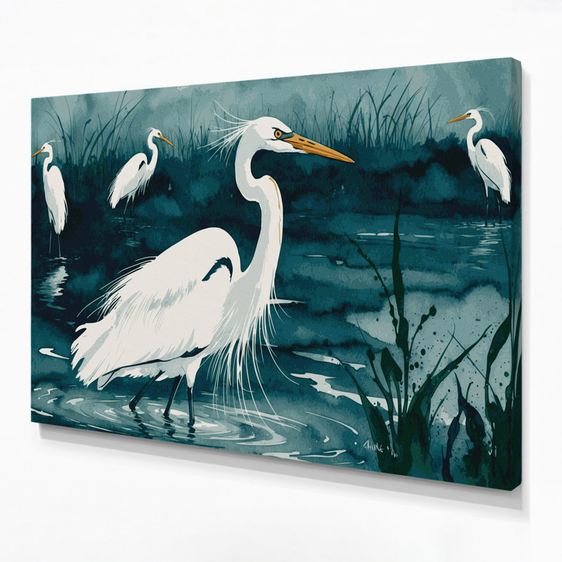 Oiseaux, grande aigrette, art mural sur toile bleue, H 16 po x l 20 po