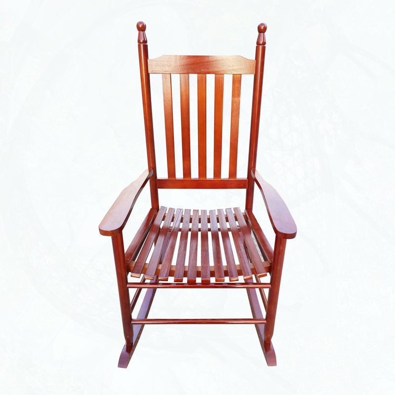 Wooden Porch Rocker Chair with Slatted Back, Brown