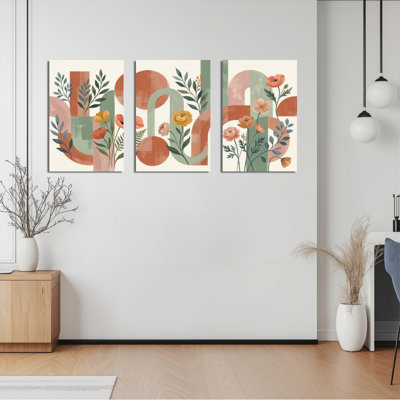 Floral And Geometric Abstract Canvas Wrapped Wall Art Set Of 3 For Living Room Bedroom Or Office Decor