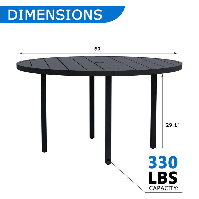Table d'extérieur en métal, table ronde pour 6 personnes avec trou pour parasol, table de patio au design minimaliste moderne