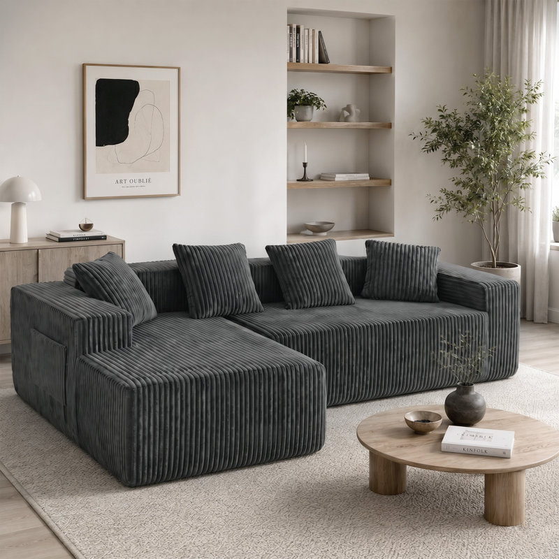 Modern Oversized 262cm Boneless Corner Sofa L-Shaped Corduroy Sofa With Storage Pockets, Left Hand Facing, Gray