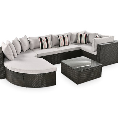 Outdoor 7, Lounger With Pillows. All-Weather Furnishings, Rust- Steel Construction, Modular Design Peculiarity, Modern Style Announcement, Easy Cleaning Practice Colorful Cushions. Framework,