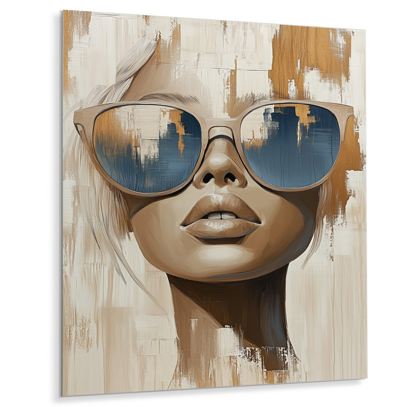 Reflets dans des lunettes de soleil bleues I - Affiche murale en métal tendance pour femme, H 32 po x l 16 po