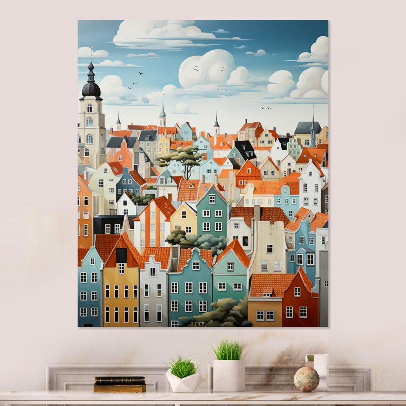 Danemark, toits écarlates, collage IV - Danemark, impression sur métal, H 20 po x l 12 po x P 1 po