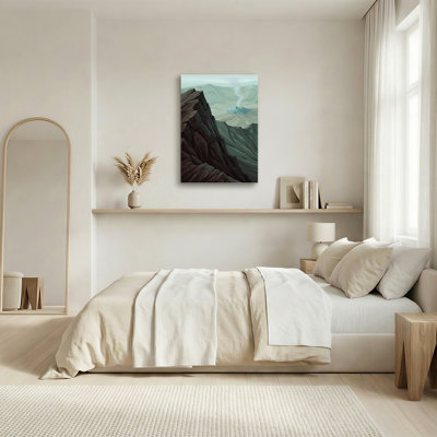 Art mural sur toile, falaises rocheuses foncées et volcan vert discret