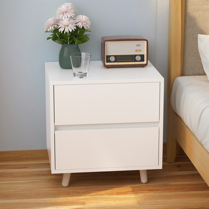 Modern Wood Two Drawer Nightstand,Vintage Bedside Table, White, Set of 2