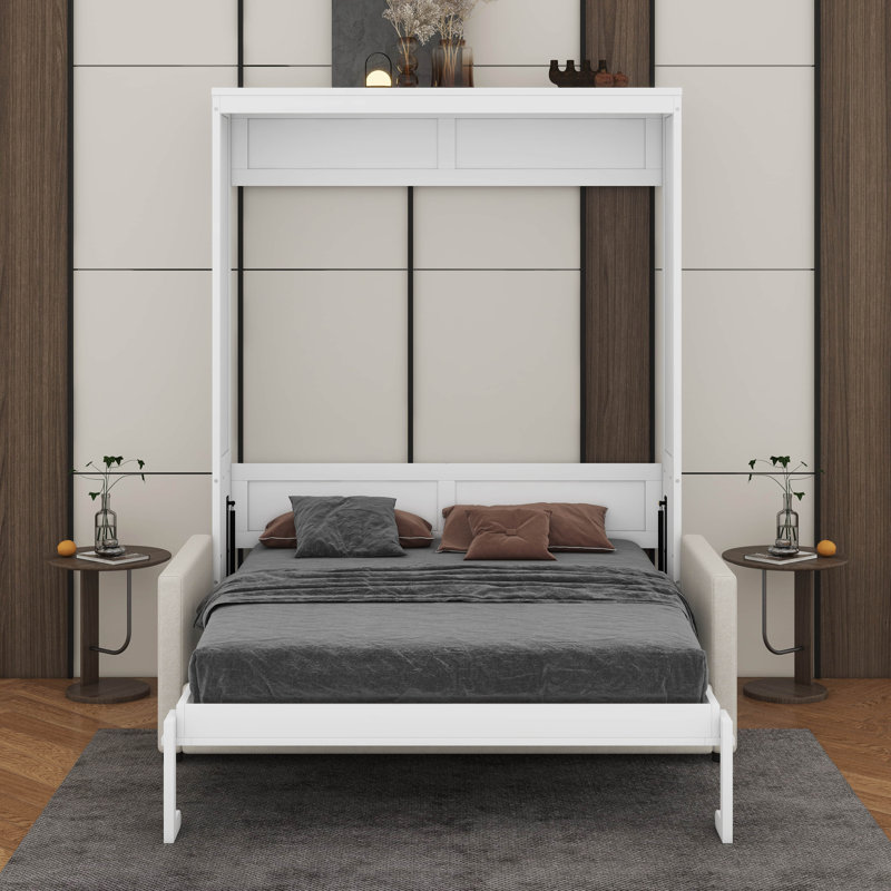 Lit escamotable double pleine grandeur avec coussin, Blanc, Double