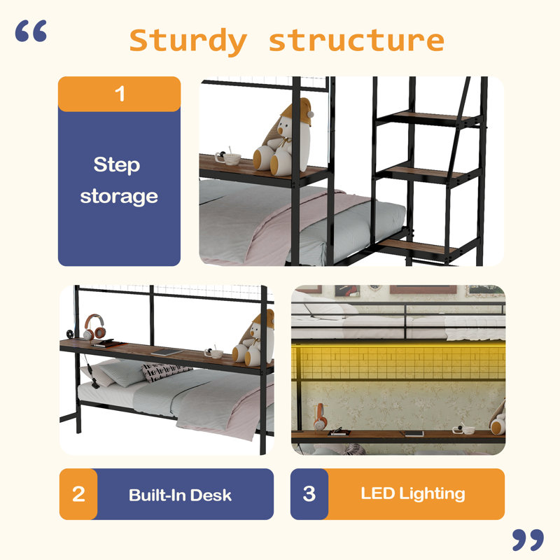 Full Over Twin Metal Bunk Bed With Built-In Desk And LED Lighting – Space-Saving Loft Design For Kids & Teens, Sturdy Frame, Easy Assembly