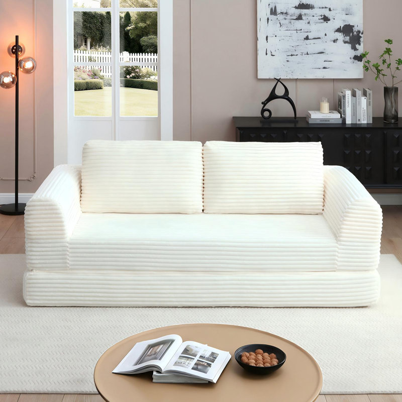 63" Corduroy Upholstered Sleeper Sofa, Convertible Compression Couch Bed With 2 Pillows - No Assembly Required, Beige