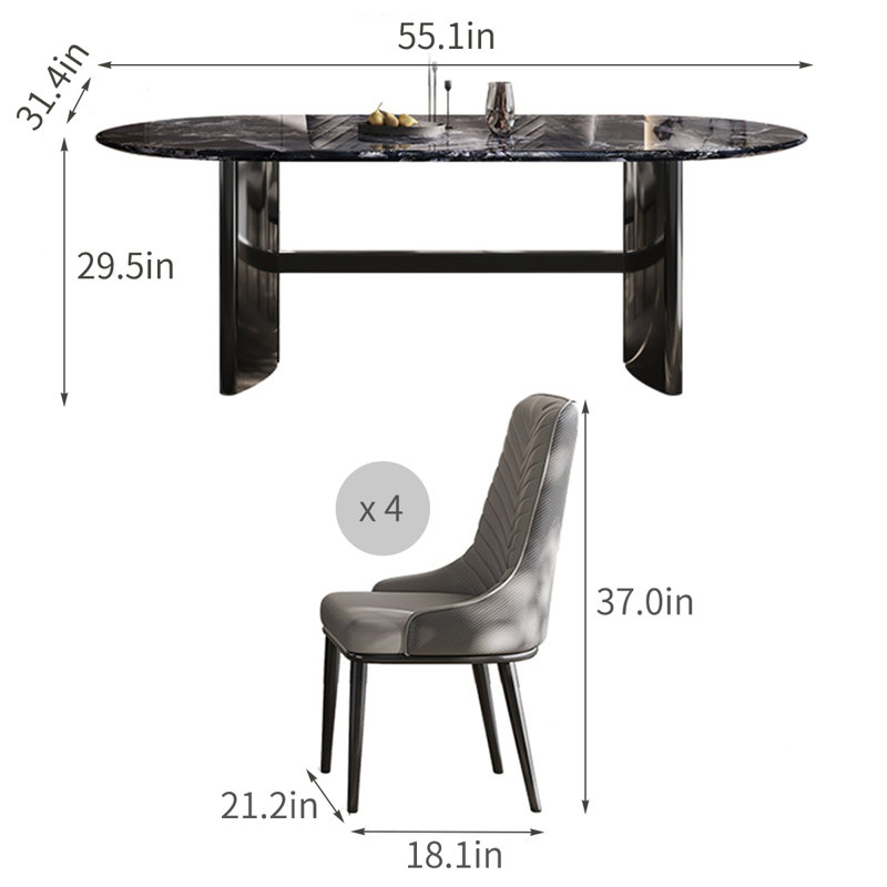 Modern Oval Luxury Stone Dining Table Sets, 29.5"H x 55.1"L x 31.4"W,  5 Pieces: Table, 4 Chairs
