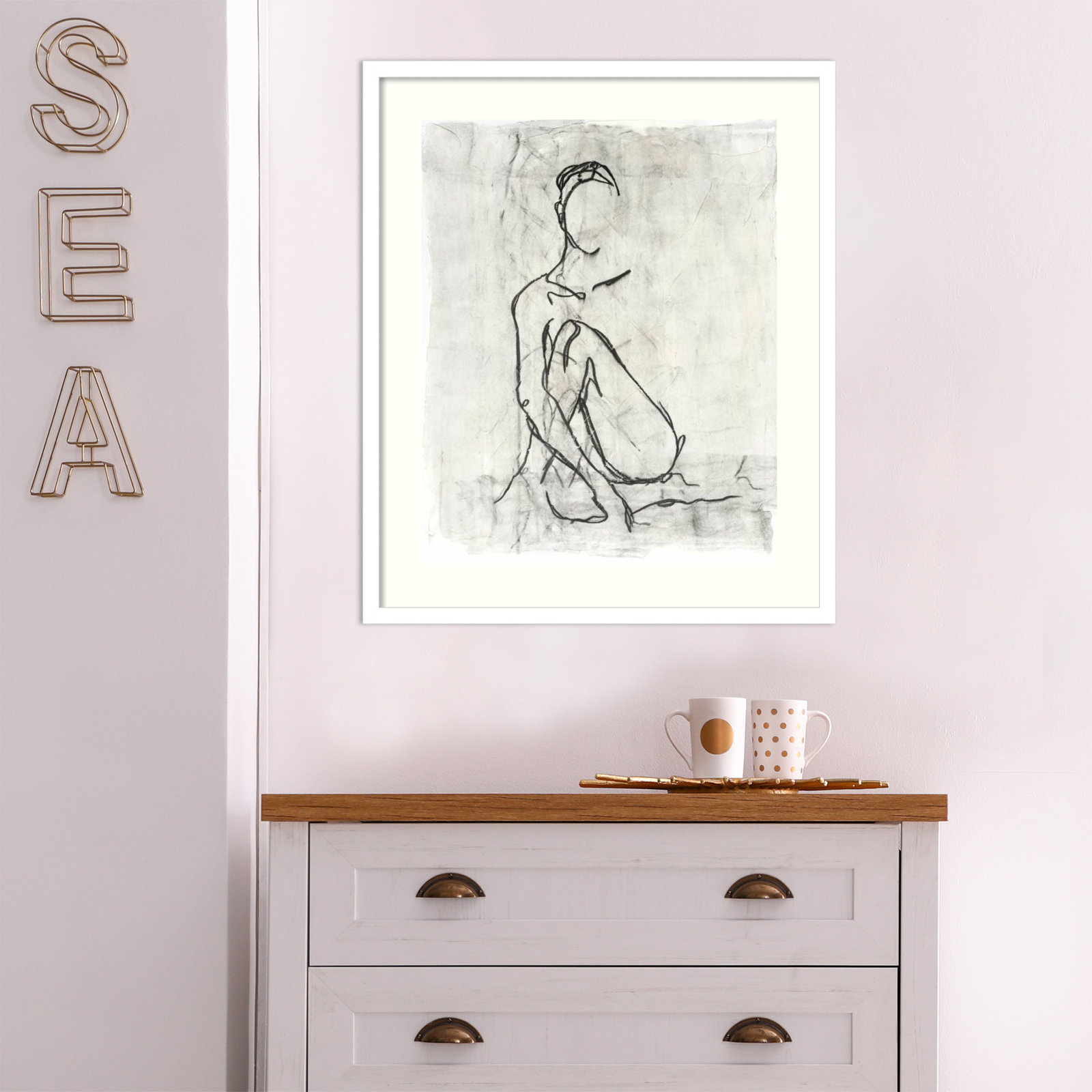 Embellished Nude Contour Sketch II by Ethan Harper, White Framed Paper, 41" H x 33" W