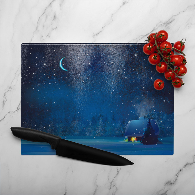 Night Winter Landscape Dining Glass Chopping Board, 40cm L x 28cm W