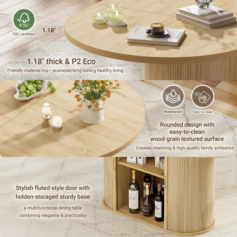 Table de salle à manger 70 x 36 très profonde pour 6 à 8 personnes avec base cannelée et grande armoire de rangement, Chêne