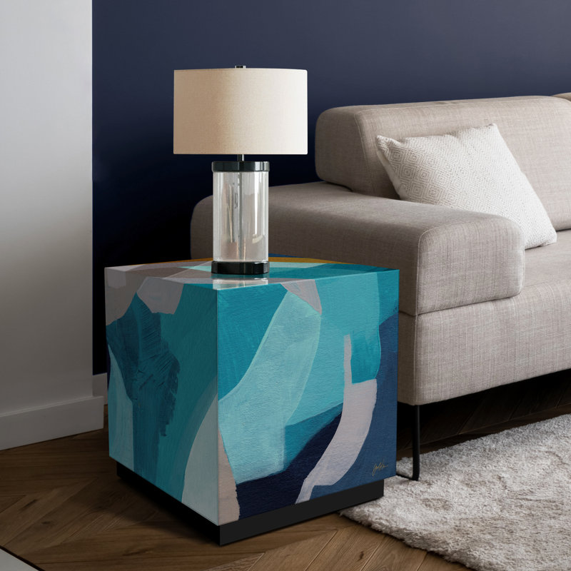 Slate and Cerulean Blue Art Glass Square Side Table with Black Plinth