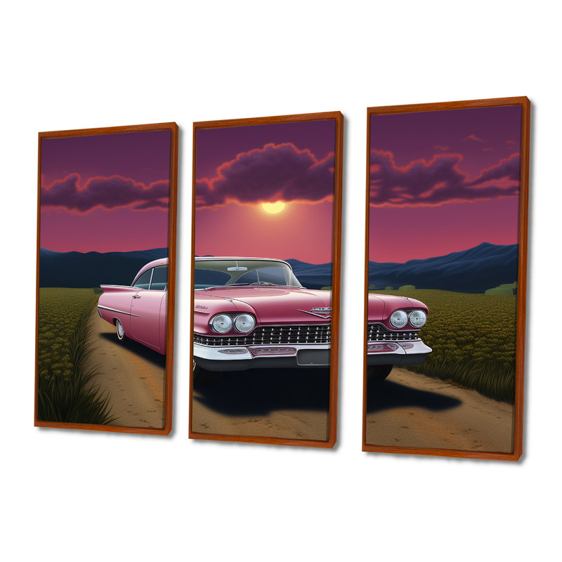 «Vintage American Car American» - art mural rétro, Cadre flottant brun, H 40 po x l 60 po x P 1 po