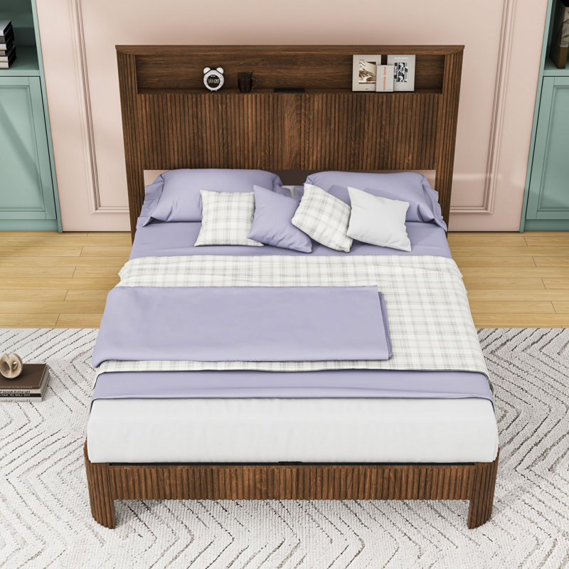 Upholstered Platform Bed with Charging Headboard and Shelf, Walnut, Queen