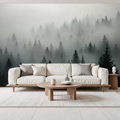 Modern Peel and Stick Wallpaper Misty Pine Forest Landscape Evergreen Trees Soft Morning Fog Wall Murals 69"H x 96"W Removable PVC Wall Paper Self-Adhesive Wall Decor for Bedroom Living Room