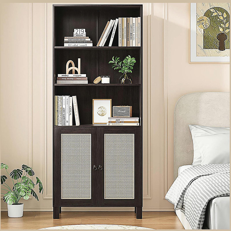 Tall Bookcase with Rattan Doors, 5 Tier Storage Wood Shelves Large Bookshelf, Pantry Cabinet Storage Cabinet for Kitchen, Living Room, Entryway
