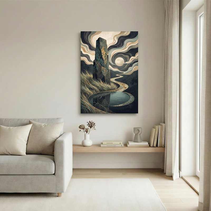 Art mural sur toile monolithe en pierre avec fissures dorées et reflet au clair de lune, H 40 po x l 28 po