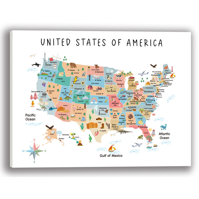 Charmante carte illustrée USA sur toile tendue, H 24 po x l 36 po