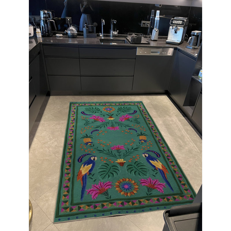 Tapis décoratif moderne vert à motif d'oiseaux et de fleurs, Rectangle 4 pi 11,06 po x 7 pi 6,55 po