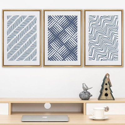 "Motif géométrique bleu 3D, vagues, collage, formes abstraites, art moderne et neutre", 3 pièces