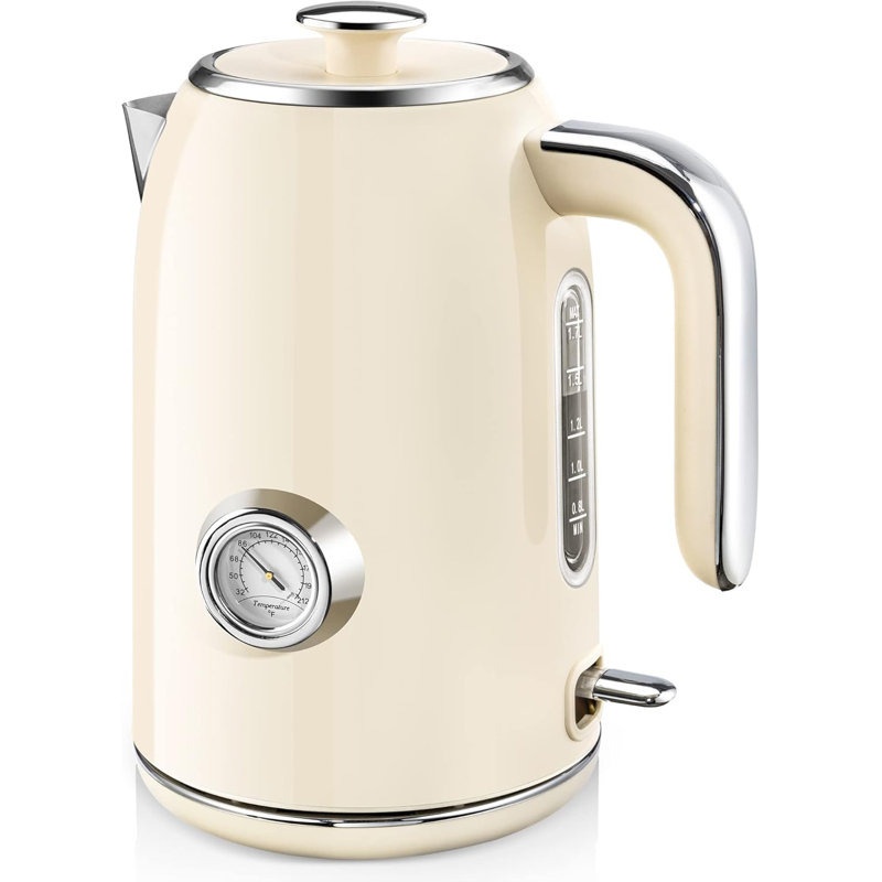 Cream 1.7L Stainless Steel Electric Kettle with Temperature Gauge