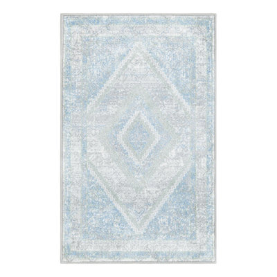 Tapis oriental en polyester tissé à la machine en gris / vert / bleu Massie