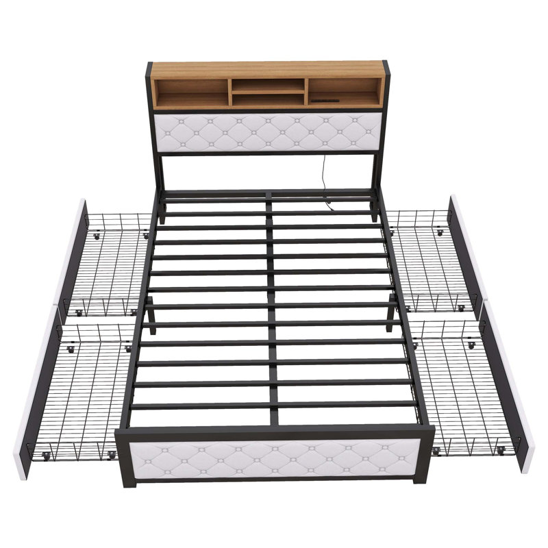 Lit plateforme en métal avec 4 tiroirs, Full, Blanc