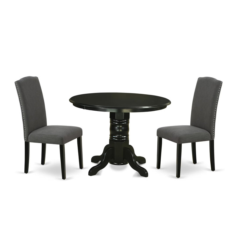 3 Piece Dining Room Set Contains a Round Kitchen Dining Table with Pedestal and 2 Dark Gotham Linen Fabric Upholstered Chairs, Black