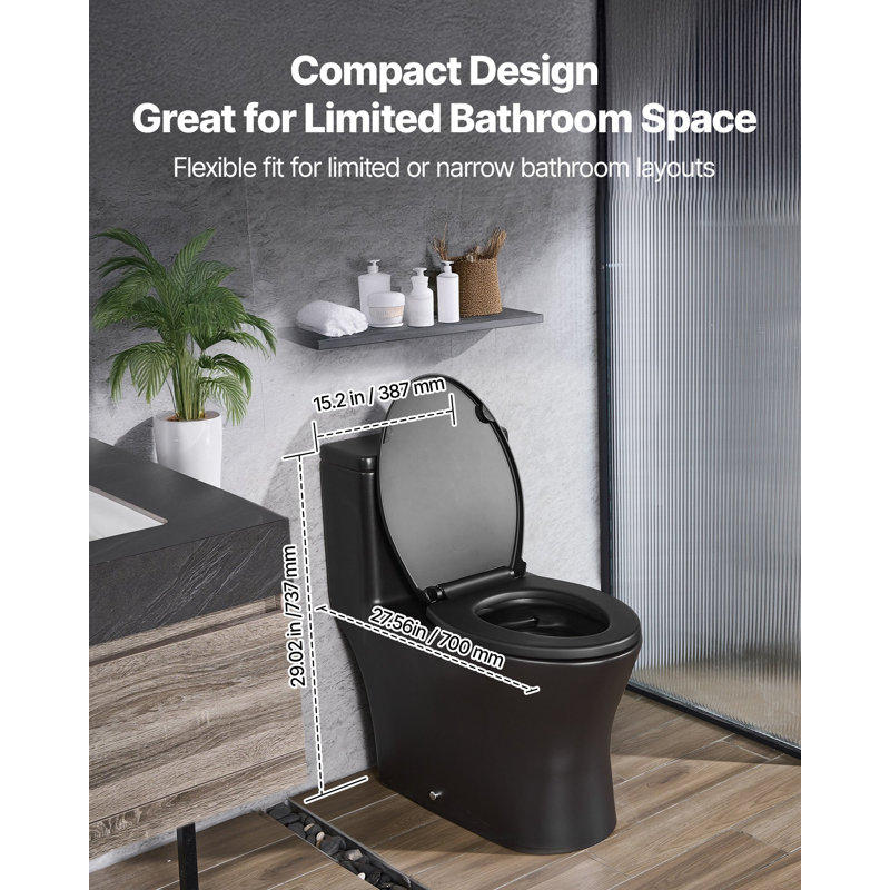One-Piece Toilet, Elongated Toilet Vortex Dual-Flush 1.0/1.28 GPF, Toilets For Bathroom With Comfortable Chair Seat, Standard Height, Easy-Clean Skirted Design, 12 Inch Rough-In, Black + Silver