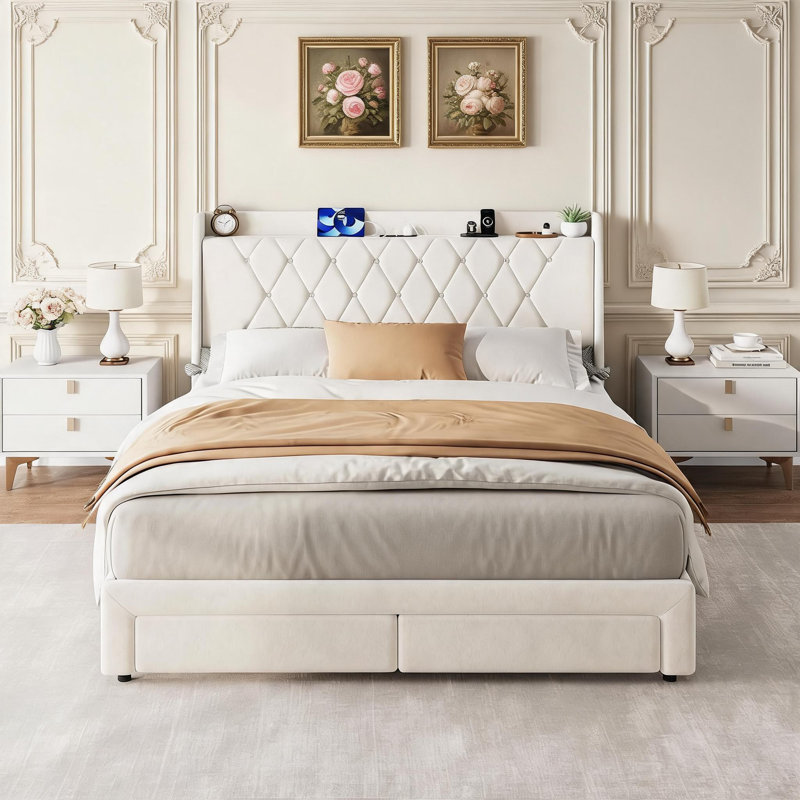Cadre de lit Queen avec rangement, cadre de lit plateforme recouvert de velours avec tête de lit capitonnée en cristal, station de recharge, 2 tiroirs, sans sommier, silencieux, pour chambre à coucher, ivoire